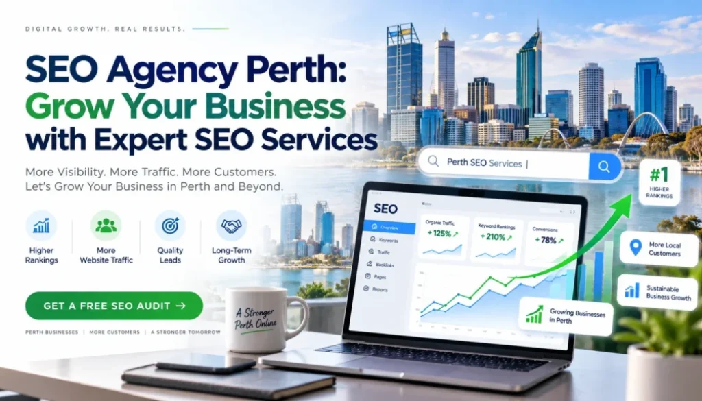 SEO Agency Perth desktop dashboard showing website search analytics and growth metrics